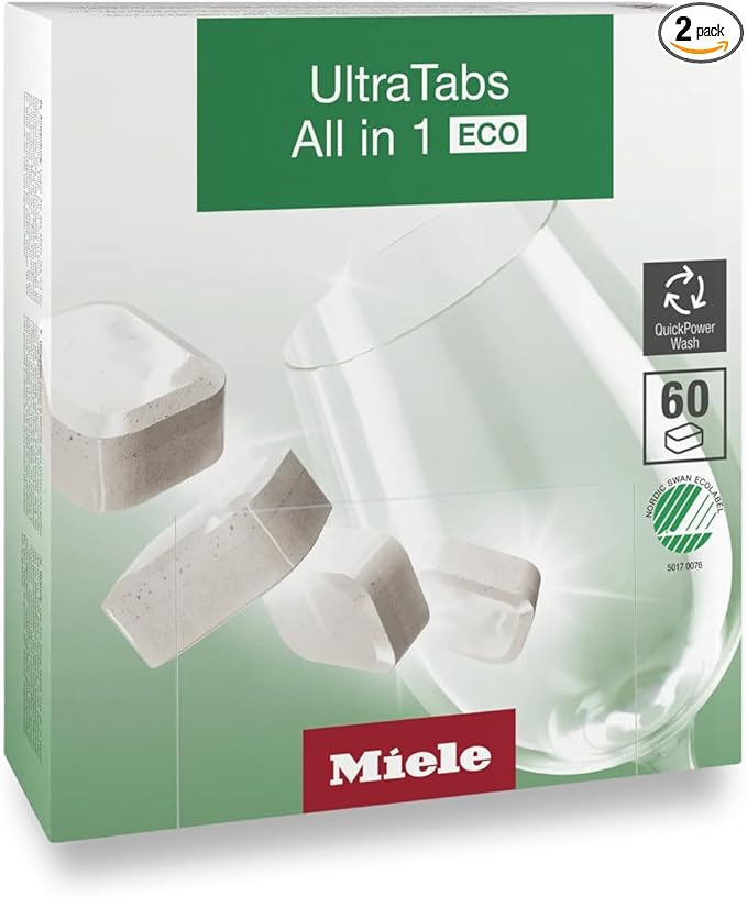 Miele UltraTabs All-in-One Dishwasher Detergent Tabs ECO, Compatible with All Dishwashers, 60 Tabs, 2 Pack