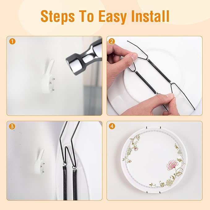 Bilillo 12 Pack Spring Plate Hangers for The Wall, Invisible Heavy Duty Wire Holders with 12 Pcs Wall Hooks, Fit 16"–20" Decorative Plates, Platters, Dishes, Black Stainless Steel