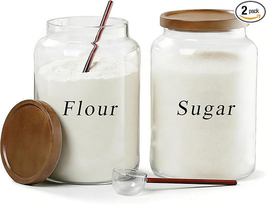 1 Gallon Glass Jars with Acacia Wood Lids and glass spoon, Sealable Waterproof, Borosilicate Large Tall Glass Sugar Flour Storage Container Jar Set for Coffee, Nut, Candy, Cereal - 2 Pack