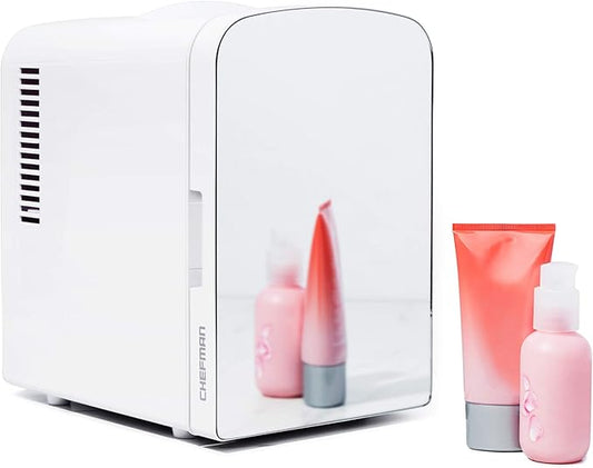 Chefman - Iceman Portable Mirrored Personal Fridge 4L Mini Refrigerator, Skin Care, Makeup Storage, Beauty, Serums & Face Masks, Small For Desktop Or Travel, Cool & Heat, Cosmetic Application, White