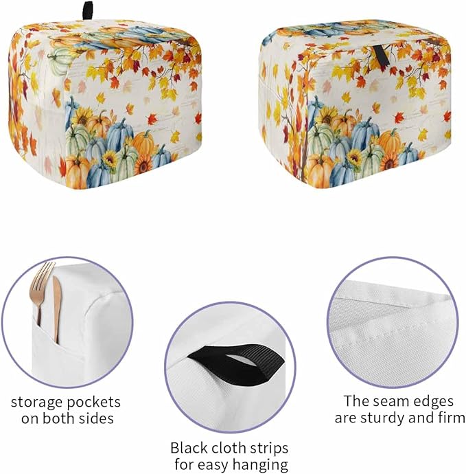 Thanksgiving Fall Toaster Cover 4 Slice, Blue Green Orange Pumpkins Dustproof Bakeware Oven Protector with Top Hook, Maple Leaf Waterproof Small Kitchen Appliance Toasters Dust Cover, 12"x11"x8"