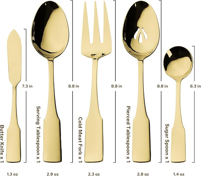 Alata Kate Champagne Gold Mirror 45-Piece Silverware With Utensil-Serving Set, Service for 8, Stainless Steel Flatware, Mirror Polished Cutlery, Dishwasher Safe