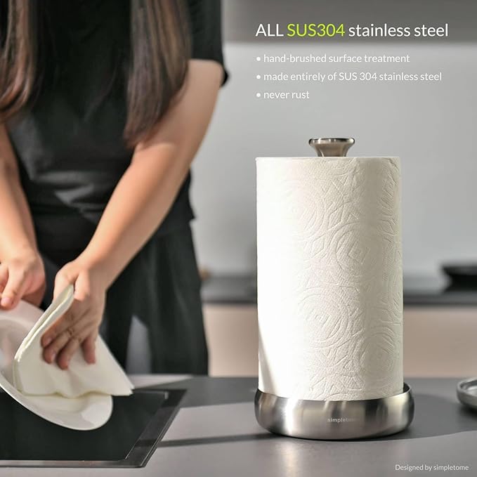 simpletome Paper Towel Holder Countertop Keep It Rolled Up Weighted Base (304 Brushed Silvery)