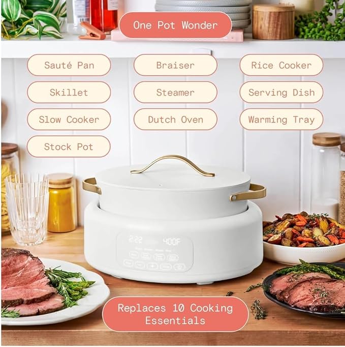 10-in-1 Electric Multi-Cooker by Drew Barrymore, 6-quart, digital display, 10 cooking functions, non-stick pot, easy one-touch control (White Icing)