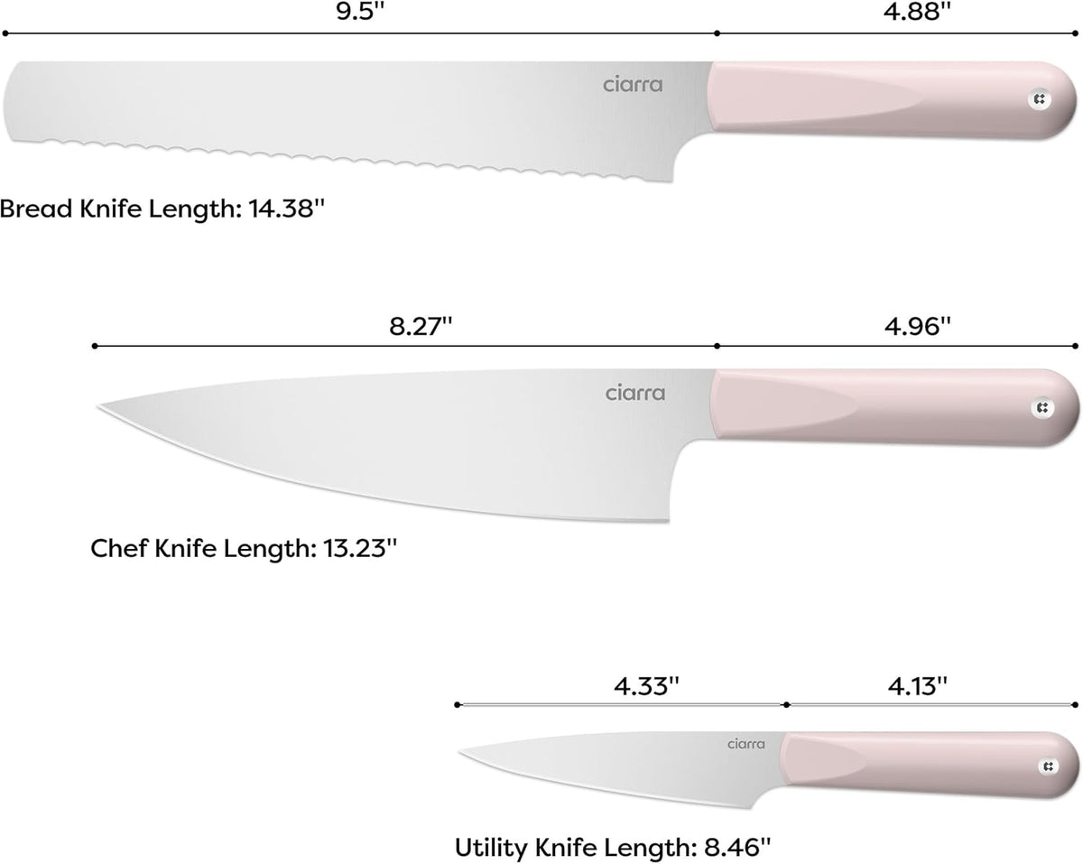 CIARRA Professional Kitchen Knife Set 4 PCS - Chef Knife Set, Bread Knife, Utility Knife, High Carbon Stainless Steel Cooking Knives with Gift Box (Pink)