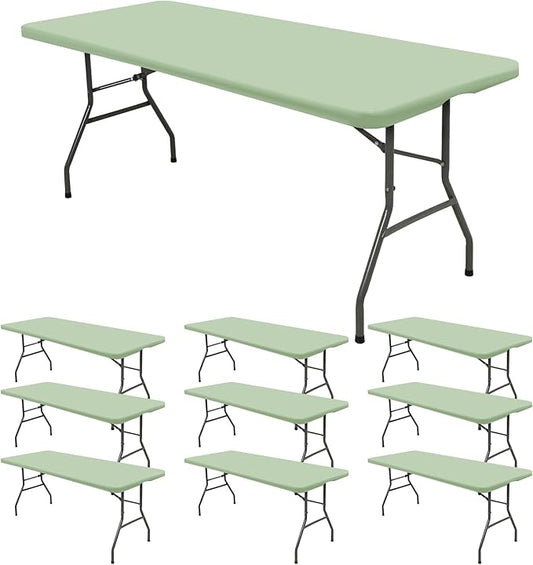 10 Pack Fitted Tablecloth for 8 Foot Rectangle Tables, Sage Green Elastic Outdoor Picnic Table Cover, Washable Stretch Folding Table Cloths 8 ft for Camping Party Patio Kitchen Banquet, 30" W x 96" L