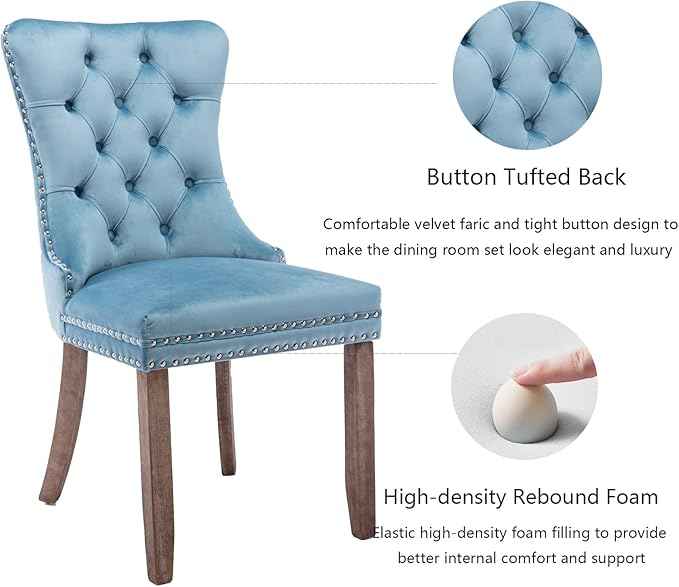 Upholstered Dining Chairs Set of 4, Velvet Dining Room Chairs with Back Ring Pull Trim and Solid Wood Legs, Tufted Wingback Kitchen Chair Perfect for Dining Room,Living Room,Kitchen(Light Blue)