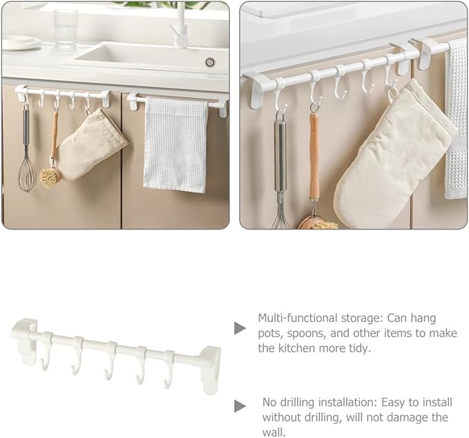 TOYANDONA No-Drill Under Cabinet Plastic Utensil Hooks 5-Row Kitchen Hanging Rack for Cookware and Spoon Storage, White Multi-Purpose Organizer for Kitchenware and Sundries