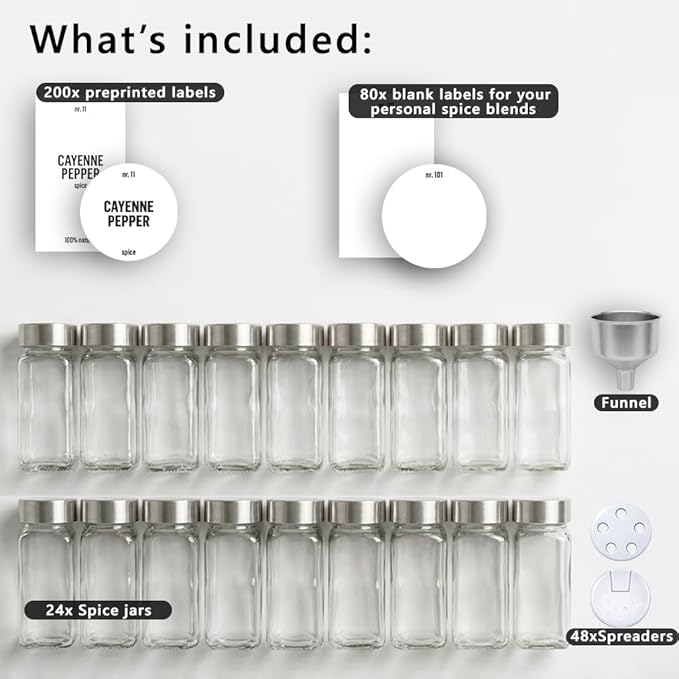 Deco haus Empty Glass Spice Jars with White Label 24x4oz [LABELS incl] Spice Containers with Labels, Shaker Lids & Funnel - Empty Herb Seasoning Containers, Small Seasoning Bottles for Herb