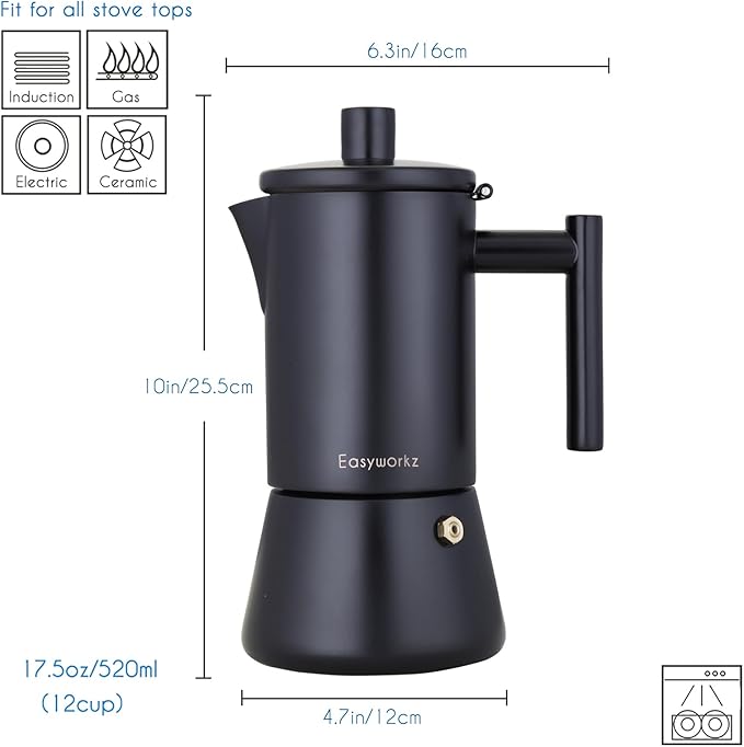 Easyworkz Diego Stovetop Espresso Maker Stainless Steel Italian Coffee Machine Maker 12Cup 17.5 oz Moka Pot Induction Espresso Pot - Matte Black