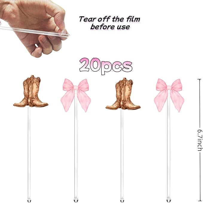 Cowgirl Birthday Party Cocktail Drink Stirrers, 20 pcs Bow Boots Drink Stirrers for Bachelorette Party, Boots and Bows Themed Swizzle Drink Sticks for Disco Cowboy Party Supplies (Boots or Bows)