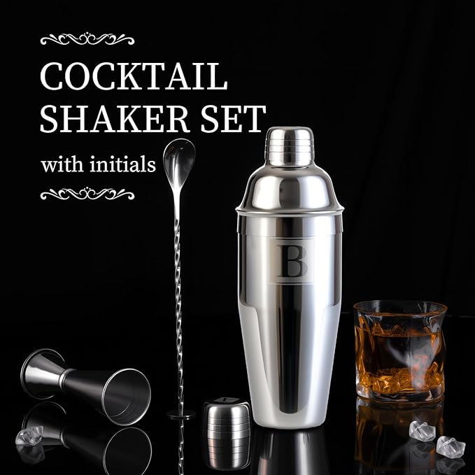 24oz Cocktail Shaker Set with 1 oz 2oz Jigger - Monogramm Initials Martini Shaker Set - 304 Stainless Steel Bar Shaker for Margarita,Mojito-Personalized Gift for Friend,Husband-Y
