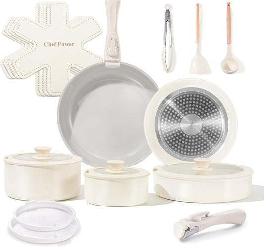 Chef Power Ceramic Nonstick Pots and Pans Set 19 Piece with Detachable Handle, Induction Dishwasher Oven Safe Cookware Set, RV Kitchen Set Removable Handle, Granite Grey and White