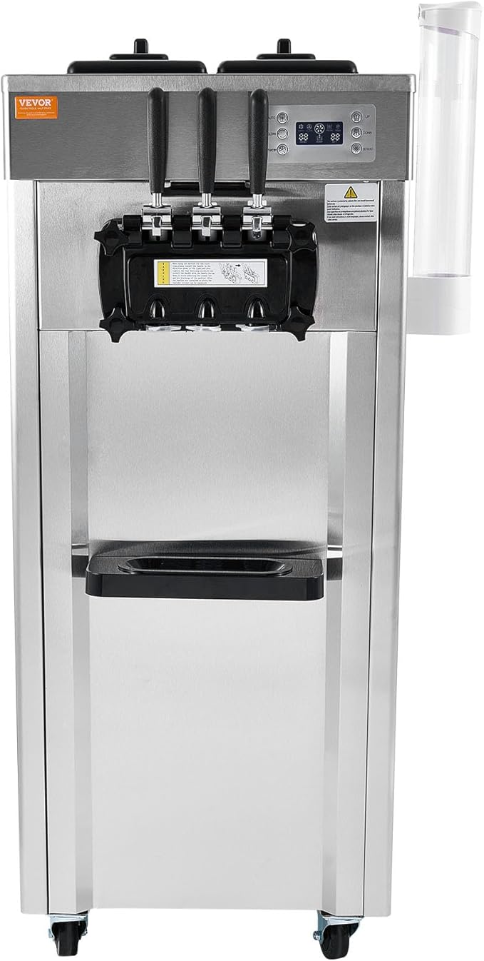 VEVOR 1850W Commercial Soft Ice Cream Machine 3 Flavors 5.5 to 8.2Gallon per Hour PreCooling at Night Auto Clean LCDPanel for Restaurants Snack Bar, Sliver