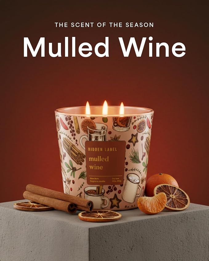 Hidden Label Mulled Wine Scented Candle for Home, 30oz Large 3 Wick Soy Candle, 100H Long Lasting, Cinnamon Orange Clove, Non-Toxic Clean Burn, Christmas Winter Gifts for Women, Holiday Gift