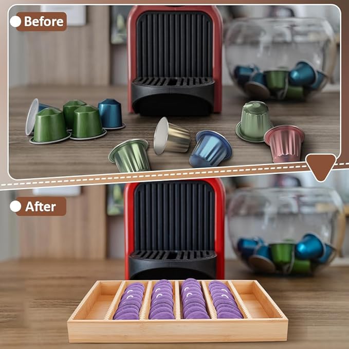 CUTHOLLOW Bamboo Coffee Pod Drawer Organizer for Coffee Pod Storage(About 60 Pods), Campatible with Coffee Pods for Kitchen, Office, Coffee Station