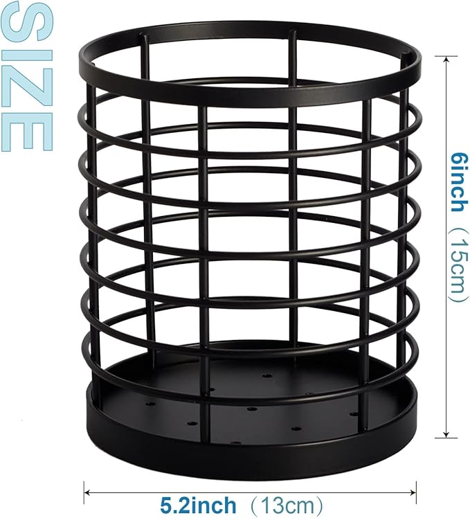 WDT Tool Utensil holder for Kitchen Counter - 5.2" x 5.2" x 6" Large Round Utensils Holder with Wooden Base Matte Black Cooking Utensil Holder，Kitchen countertop Utensil Organizer (Metal)