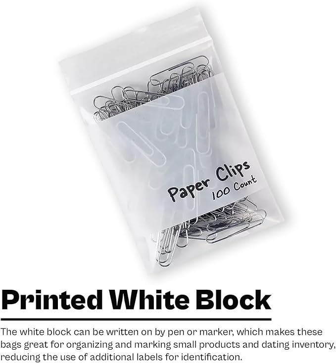 PSBM 1000 Count 4 Mil 9 Inch x 12 Inch, White Block Reclosable Poly Bags, With Write-On Block, Clear Zip Plastic Bag, Lock Seal Zipper For Packing, Storing, Organizing & Shipping Products