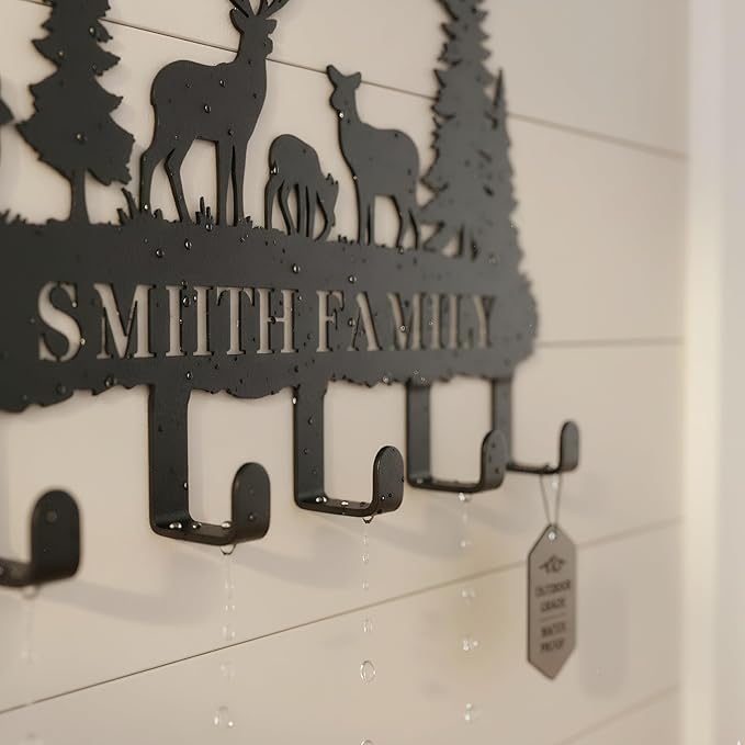 Personalized Forest Deer Coat Rack Wall Hanging Key Holder with Name, Metal Key Holder Wall Mount for Kitchen Hallway Doorway Home Decor Gift