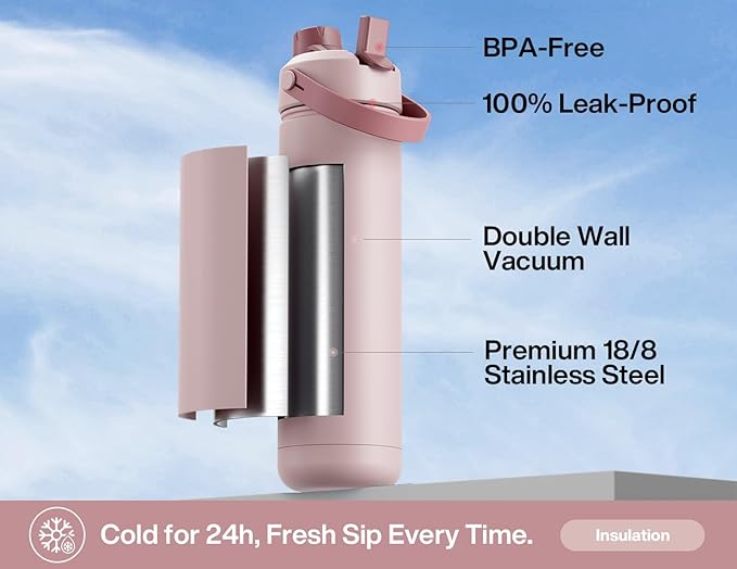 POWCAN 26 oz Insulated Water Bottle with 2-in-1 Straw and Spout Lid, Keep Cold 24H, Leak-Proof, Fits in Car Cup Holder, Stainless Steel Water Bottle for Sports, Travel, Gift and School (Cherry Meadow)