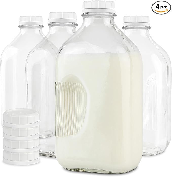 Stock Your Home Half Gallon Glass Milk Bottle with Lid (4 Pack) 64 Oz Jugs and 8 White Caps, Reusable Food Grade Milk Container for Refrigerator, Bottles for Juice, Oat or Plant Milks, Water, Honey