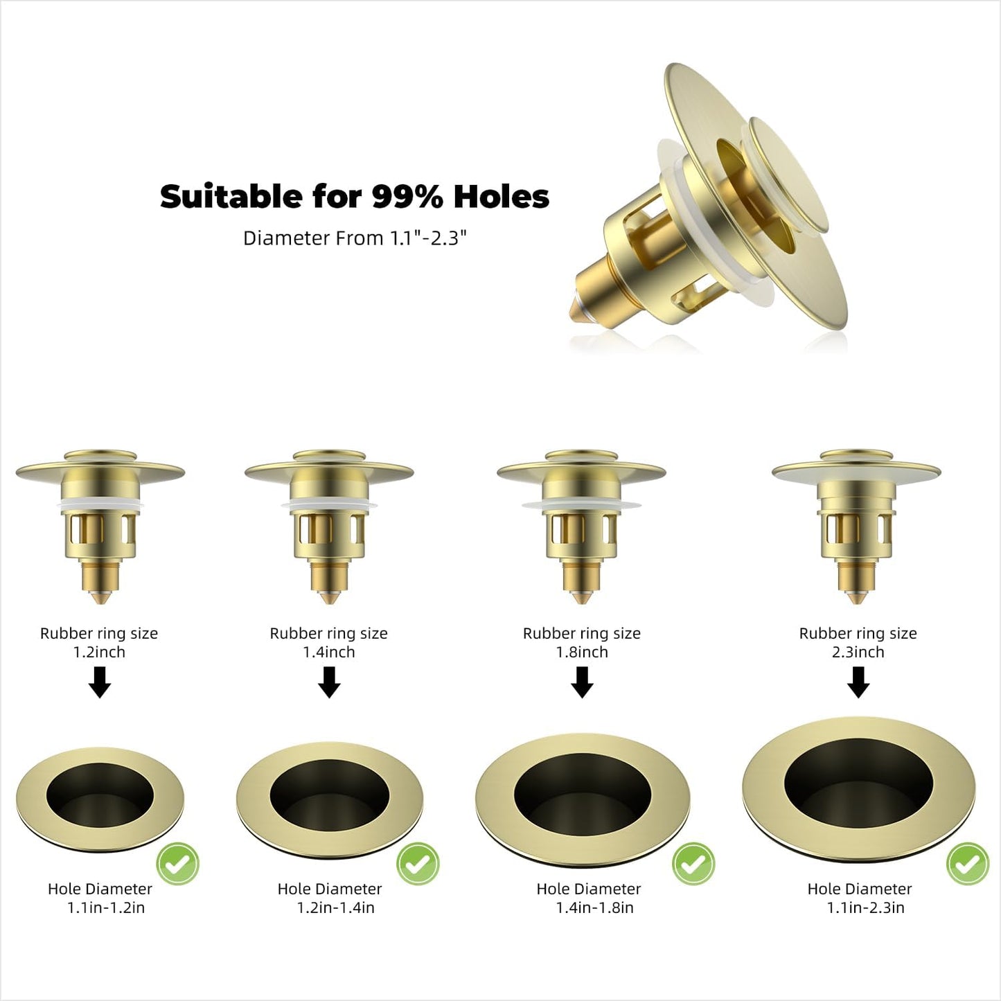 Hibbent 2 Pack All Metal Universal Bathroom Sink Stopper for 1.1''~2.3'' Basin, Pop Up Sink Drain Strainer, Brass Core Push Type Stopper, Stainless Steel Anti Clogging Drain Filter, Brushed Gold