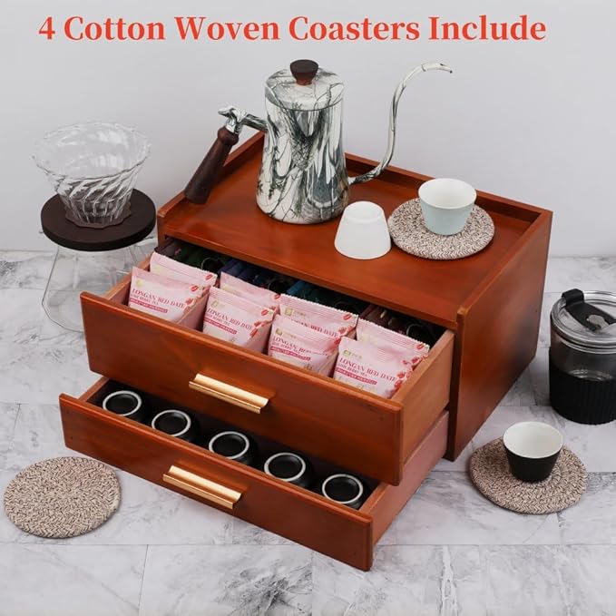 Tea Organizers and Storage Box with Drawer Tea Station organizer for Countertop with 8 Compartments Pine Wood Tea Bag Organizer with Drawer Teabag Holder with 4 Cotton Woven Coasters（Brown02）