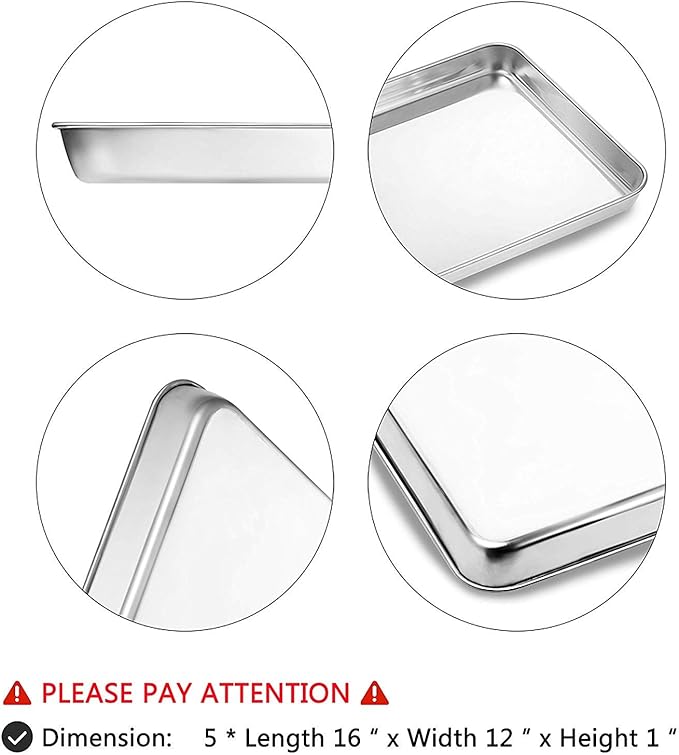 Baking Sheet Set of 5, Stainless Steel 5 Piece Cookie Sheet, Toaster Oven Baking Pan Set, Rectangle Size 16 x 12 x 1 inch, Healthy, Mirror Finish, Rust Free, Dishwasher Safe