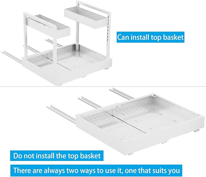 NEWMATIC Adjustable Under Sink Organizer Pull Out Drawers, 2-Tier Slide Out Cabinet Storage Shelf for Kitchen Sink, Height & Width Extendable White, 15''D x 13''-20.5''W x 15''H(1Pack)