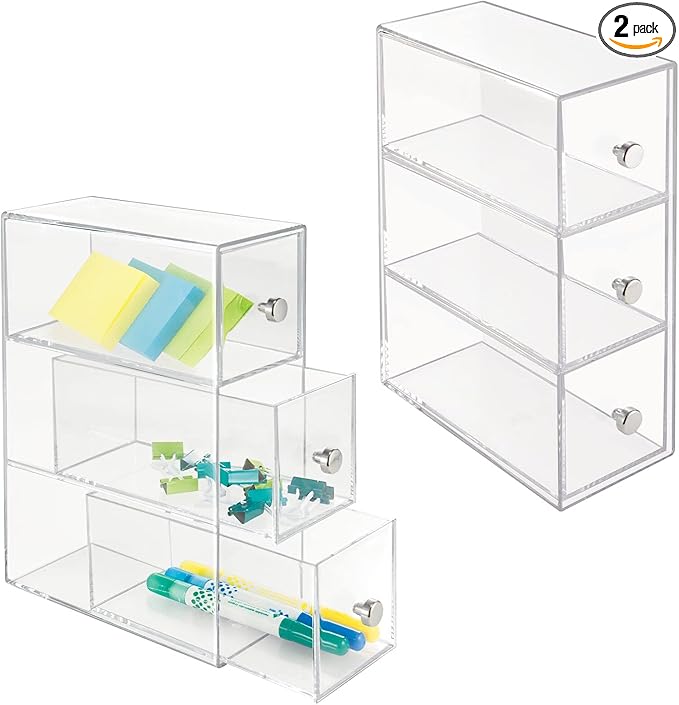 mDesign Plastic Stackable Desktop Organizer Tower Storage Station with 3 Drawers for Home Office - Holds Pens, Sticky Notes, Binder Clips, Notepads, or Gel Pens - Lumiere Collection - 2 Pack - Clear