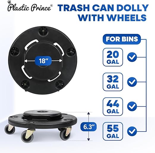 Plastic Prince 18" Trash Can Dolly with Wheels Black for 55 gal and 20 32 44 gal Brute Containers