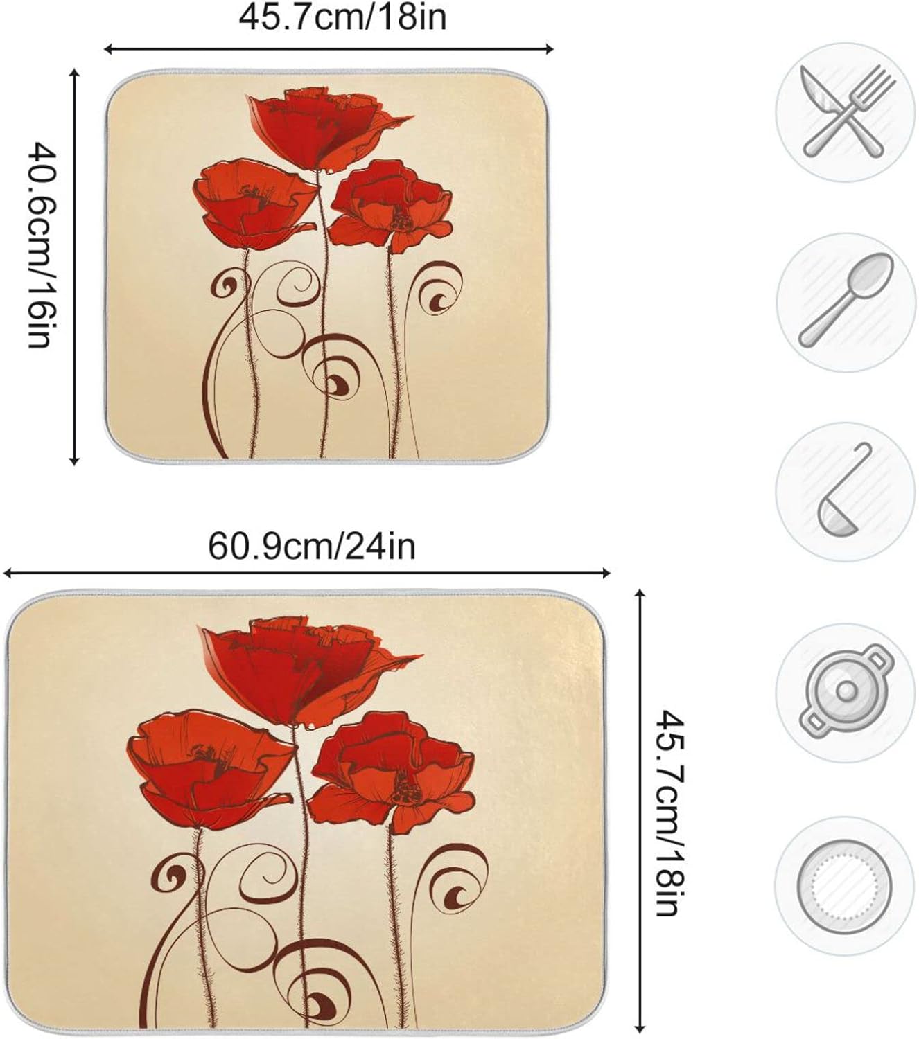 senya Super Absorbent Dish Drying Mat, Microfiber Fast-Drying Dish Mat, 16'' x 18'', Kitchen Dish Drying Pad, Red Poppy Flowers Retro, (g289343169p523c558s1113)