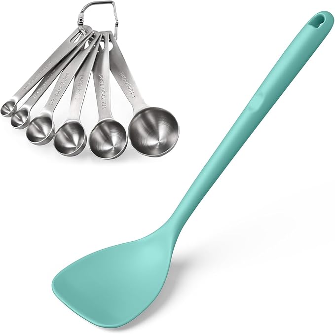 U-Taste 18/8 Stainless Steel Measuring Spoons Set of 6 and 600ºF Heat Resistant 13.76" Long, 3.63" Wide Wok Spatula for Kitchen Stir Fry (Aqua Sky)