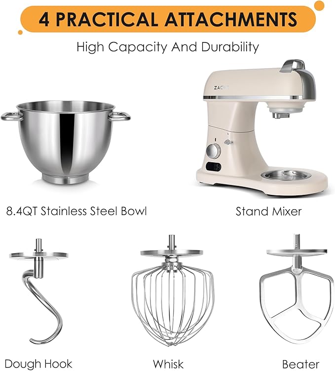 8.4QT Commercial Stand Mixer 800W with Aluminum Die Casting Meets the Standard of NSF/ANSI 8-2023, Mixers Kitchen Electric Stand Mixer with Stainless Steel 8L Bowl, Dough Hook, Whisk and Beater