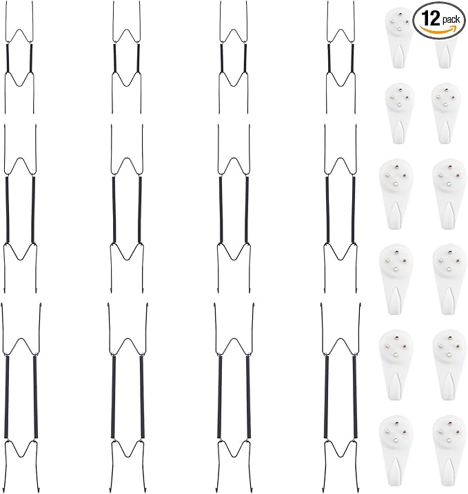 Bilillo 12 Piece Stainless Steel Plate Hangers - 8/12/14 Inch Invisible Heavy Duty Wall Plate Holder with 12 Pieces Wall Hooks for 7.5 to 16 Inch Decorative Plates and Arts (Black)