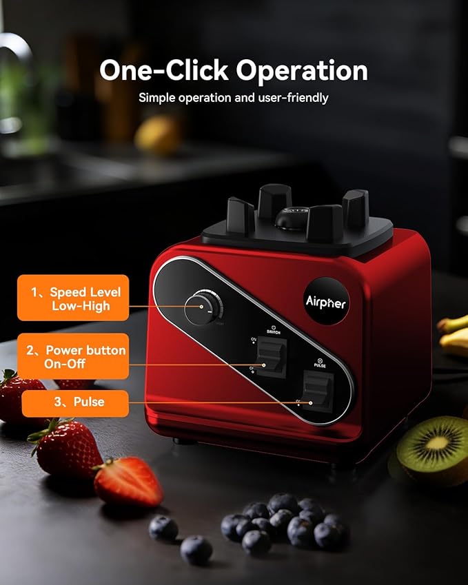 Blender 1200W, Professional Countertop Blender with 8-Blade Stainless Steel Blade for Quickly Crushing Ice, Fruit, Red