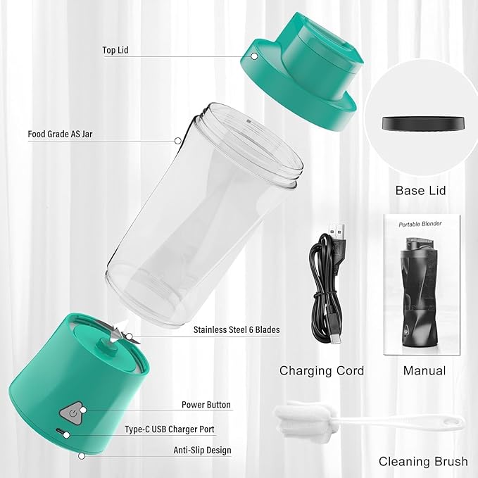 Portable Blender, 360W Personal Blender for Shakes and Smoothies for Kitchen, 24 Oz BPA Free Traveling Juicer Cup and Lid with 6 Blades, Self Cleaning Portable Juicer for Kitchen/Travel/Gym, Blue