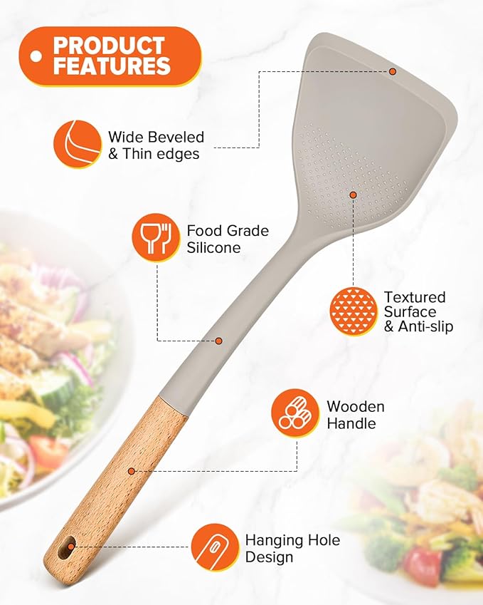 Silicone Cooking Utensils Set, Perfectly Angled for Frying, Mixing,Serving,Draining,Turning and Stirring, BPA-Free Matte Silicone, Wood Handles, Safe for Nonstick Cooking Surfaces,4 Pack (Khaki)