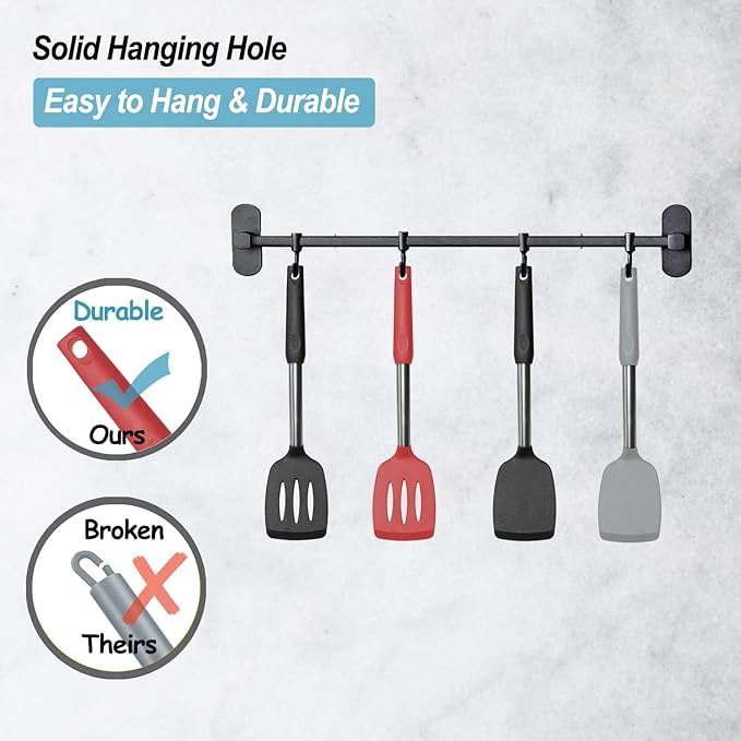 2 Pack Spatulas, Solid & Slotted Silicone Spatula Set, Stainless Steel Handle Coated with Silicone, Non Stick Turners, Heat Resistant Rubber Spatulas for Fish, Eggs, Pancakes, WOK, Black