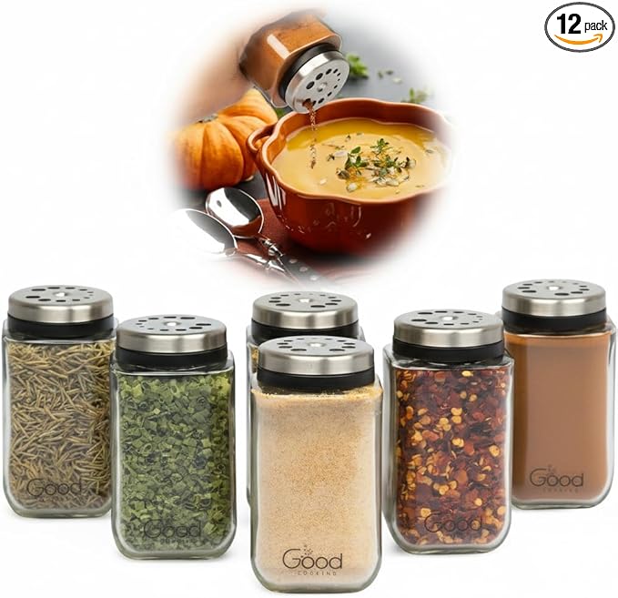 Adjustable Glass Spice Jars (Set of 12) with 6 Pouring Sizes- Stainless Steel Lid/Cap- Square Seasoning Bottle Containers for Minimalist Kitchen Pantry Storage Organization- Fill Shaker w Salt Pepper