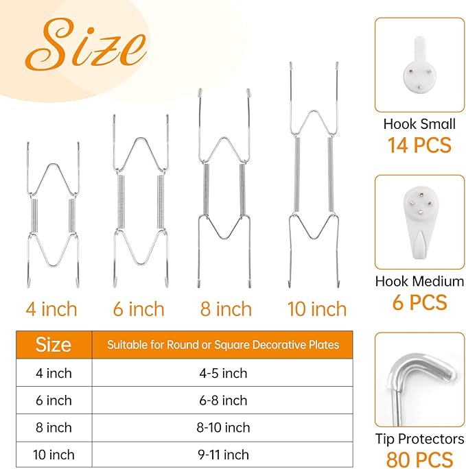 Bilillo 20 pcs Plate Hangers for The Wall, 4/6/8/10 Inch Invisible Decorative Wall Plates Hangers, Stainless Steel Plate Wall Holders for Display Various Sizes with Hooks for Decorative Silver