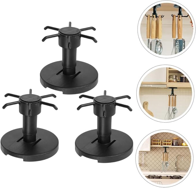 Luxshiny 3pcs Kitchen Utensil Hooks Wall Mount Rotating Storage Organizer Set Black Top Hanging Hooks for Kitchen Cabinets and Cooking Utensils