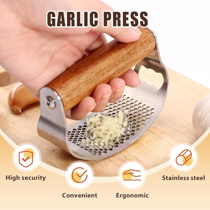 Stainless Steel Garlic Presser, Upgraded Garlic Press Rocker with Peeler and Cleaning Brush, Ergonomic Handle for Cooking Enthusiasts (2 pcs)