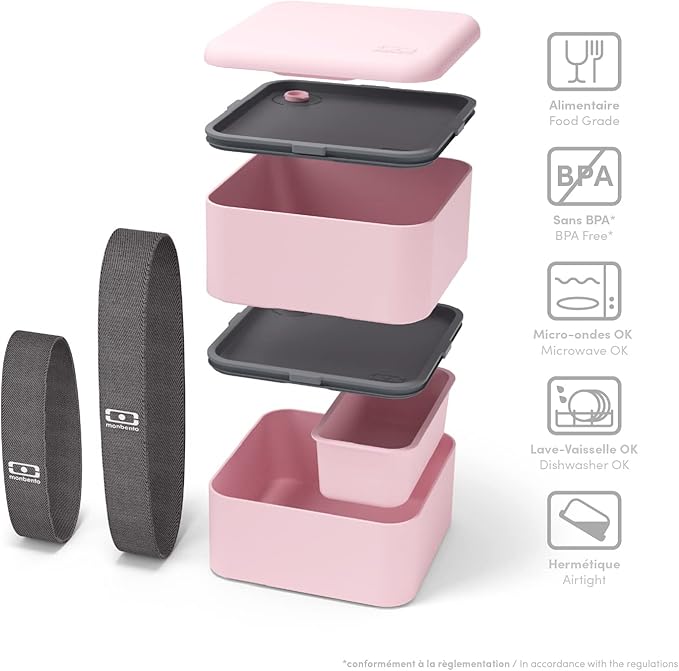 monbento - Large Bento Lunch Box MB Square Litchi with 2 Compartments - 57 oz - Leakproof Lunch Box for Work/Picnic/Meal Prep - BPA Free - Microwave & Dishwasher Safe - Pink