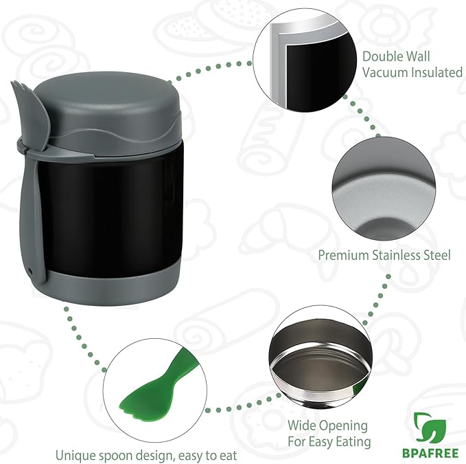 Howeemo 10oz Soup Thermo for Hot Food Kids,Lunch Kids Jar with Spoon Insulated Containers,Leak Proof Stainless Steel Wide Mouth Lunch School(Black)