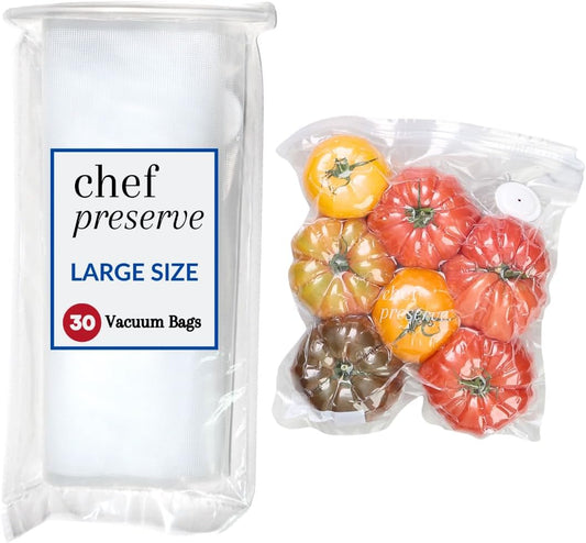 Chef Preserve Reusable Vacuum Sealer Bags for Food – 30 BPA-Free Large (12 x 13 in) Food Storage Bags, Freezer, Microwave – Odor-Resistant, Leak-Proof – Compatible with Chef Preserve Vacuum Sealers