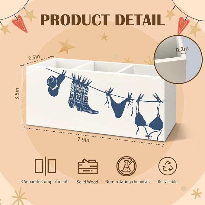 Funky Bikini Beach Wooden Utensils Holder, Girly Trendy Navy Blue Coastal Cowgirl Boot Hat Wood Cooking Utensil Holder Organizer for Kitchen Countertop Counter Decor Accessories