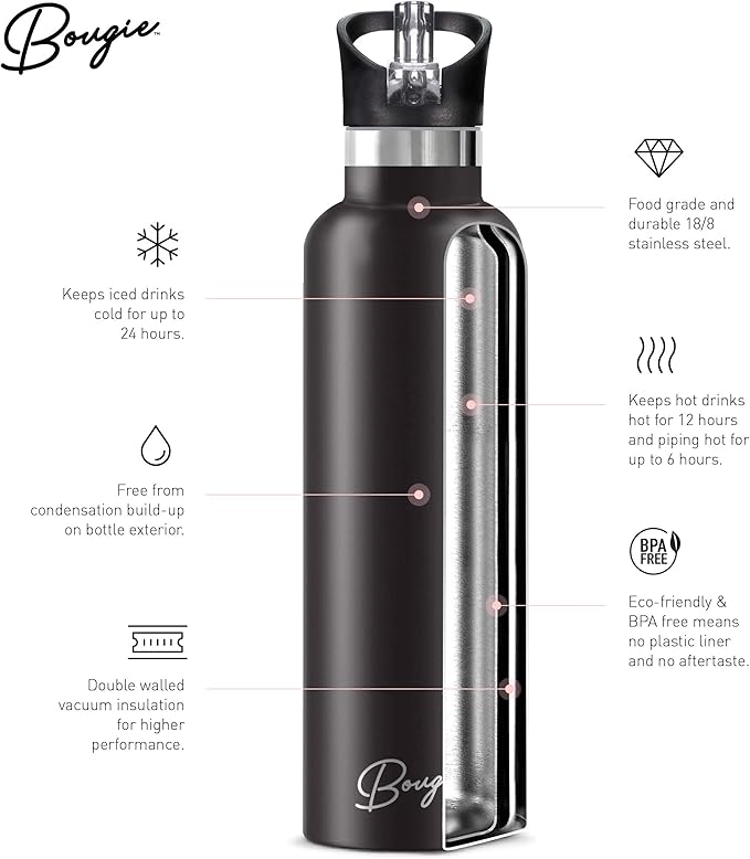 Bougie My Bottle - Primavera Stainless Steel Water Bottle With Straw | Pipe Cleaner & Ice Tray Included | Leak-Proof, BPA Free, Double Insulated For Warm & Cold | 25 oz/750 ml
