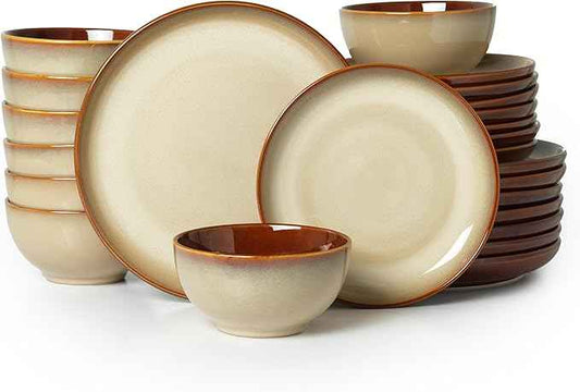 Ceramic Dishes Set for 8, 24 Piece Stoneware Dinnerware Sets, Chip and Scratch Resistant, Easy to Stack & Clean, Modern Rustic Look, Brown Yellow