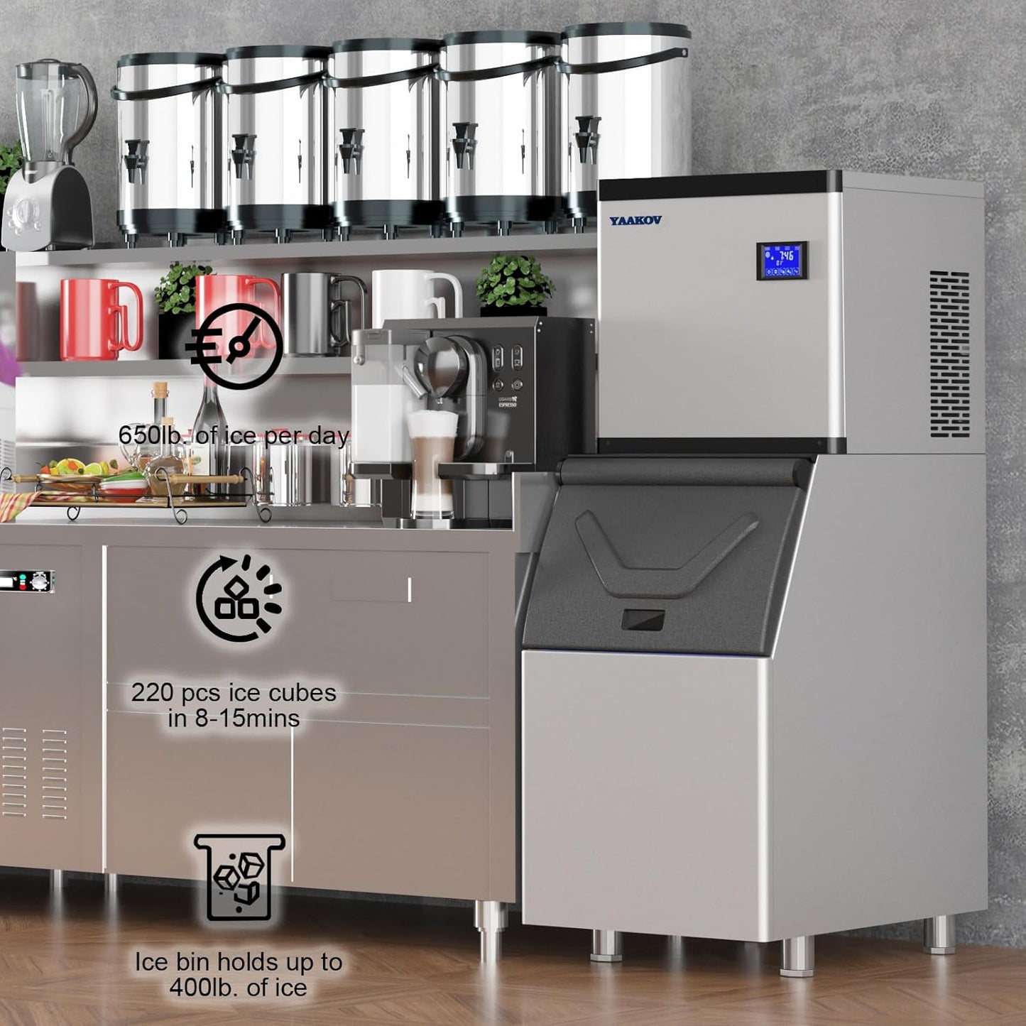 YAAKOV Commercial ice Machine Maker 650LBS/24H Commercial ice Maker Machine with 400LBS ice Maker Commercial Large Storage Bin,Ice Maker Machine Stainless Steel for Bar Cafe Restaurant Bussiness